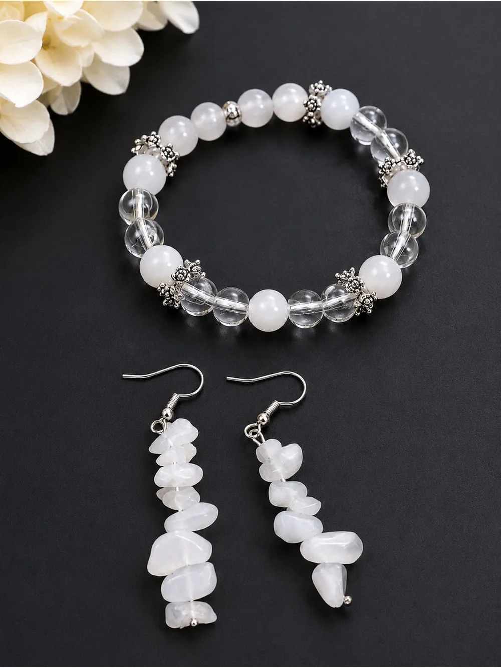 White Bead stones and Crystal Bracelet with White Stone Dangle Earrings